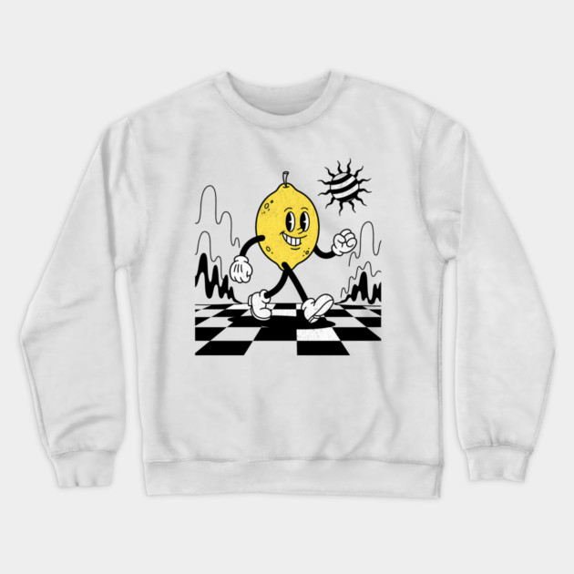 Lucky Lemon Retro Cartoon Checkerboard Crewneck Sweatshirt by Designed By Marty