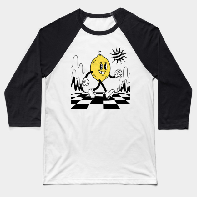 Lucky Lemon Retro Cartoon Checkerboard Baseball T-Shirt by Designed By Marty