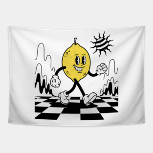 Lucky Lemon Retro Cartoon Checkerboard Tapestry