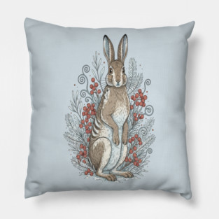 Snowshoe Hare Winter Berries Vintage Art Pillow