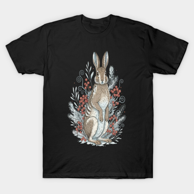 Snowshoe Hare Winter Berries Vintage Art T-Shirt by BirdsnStuff