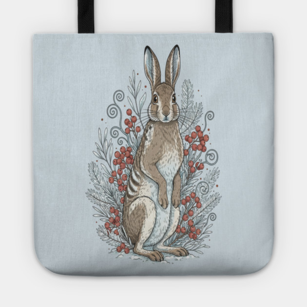 Snowshoe Hare Winter Berries Vintage Art Tote by BirdsnStuff