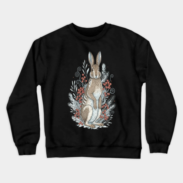 Snowshoe Hare Winter Berries Vintage Art Crewneck Sweatshirt by BirdsnStuff