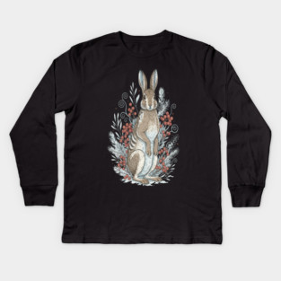 Snowshoe Hare Winter Berries Vintage Art Kids Long Sleeve T-Shirt