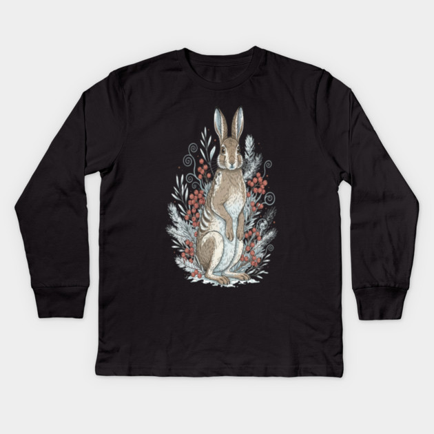Snowshoe Hare Winter Berries Vintage Art Kids Long Sleeve T-Shirt by BirdsnStuff