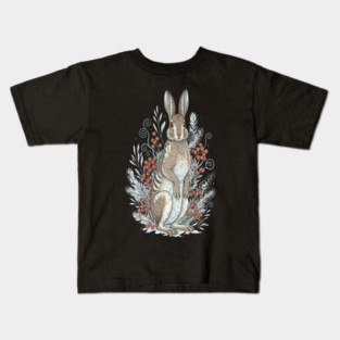 Snowshoe Hare Winter Berries Vintage Art Kids T-Shirt