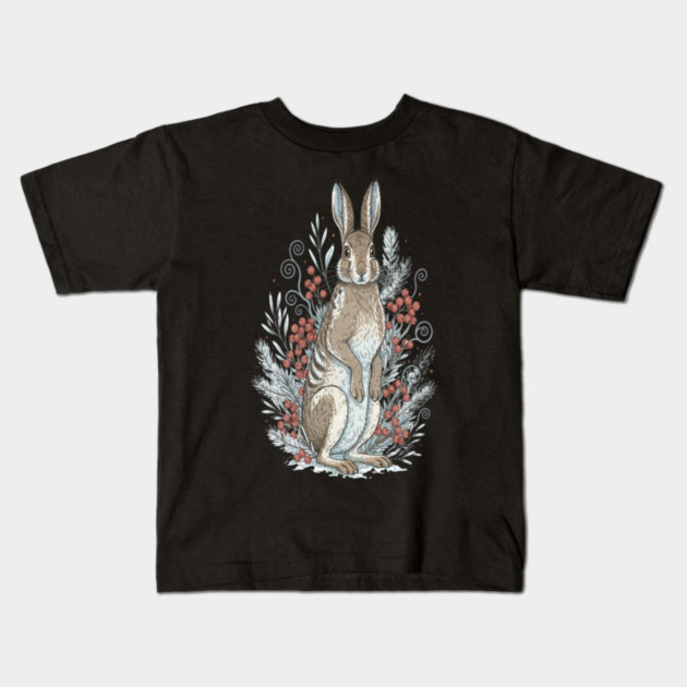 Snowshoe Hare Winter Berries Vintage Art Kids T-Shirt by BirdsnStuff