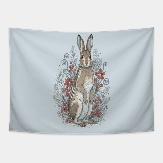 Snowshoe Hare Winter Berries Vintage Art Tapestry by BirdsnStuff