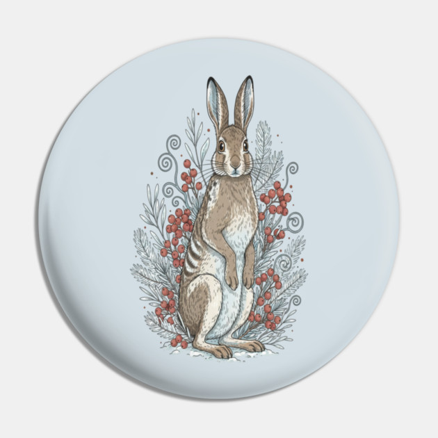 Snowshoe Hare Winter Berries Vintage Art Pin by BirdsnStuff