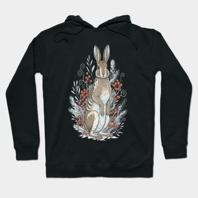 Snowshoe Hare Winter Berries Vintage Art Hoodie by BirdsnStuff