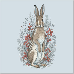 Snowshoe Hare Winter Berries Vintage Art Posters and Art