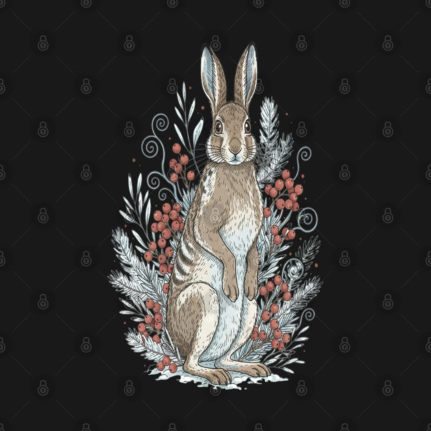 Snowshoe Hare Winter Berries Vintage Art by BirdsnStuff