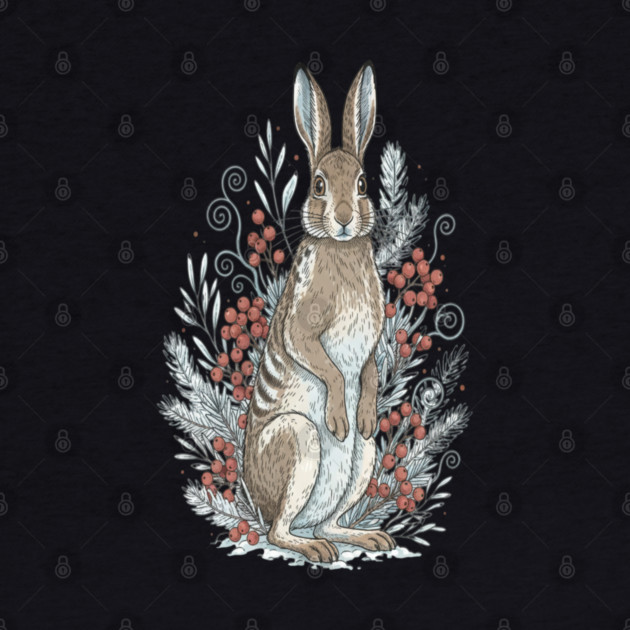 Snowshoe Hare Winter Berries Vintage Art by BirdsnStuff