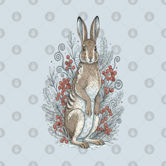 Snowshoe Hare Winter Berries Vintage Art by BirdsnStuff