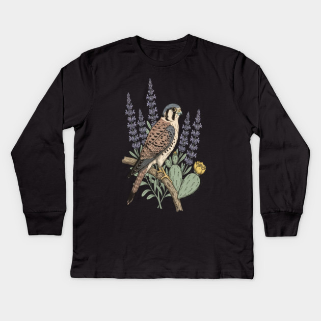 American Kestrel Desert Sage Vintage Art Kids Long Sleeve T-Shirt by BirdsnStuff