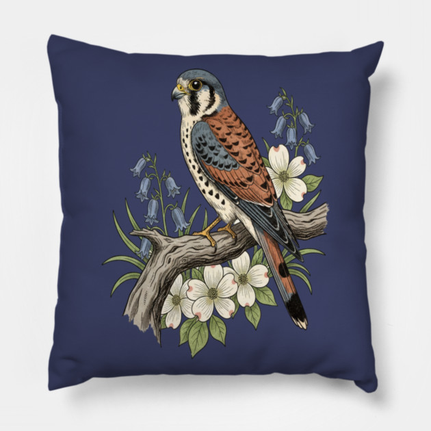 American Kestrel Bluebells Dogwood Vintage Art Pillow by BirdsnStuff