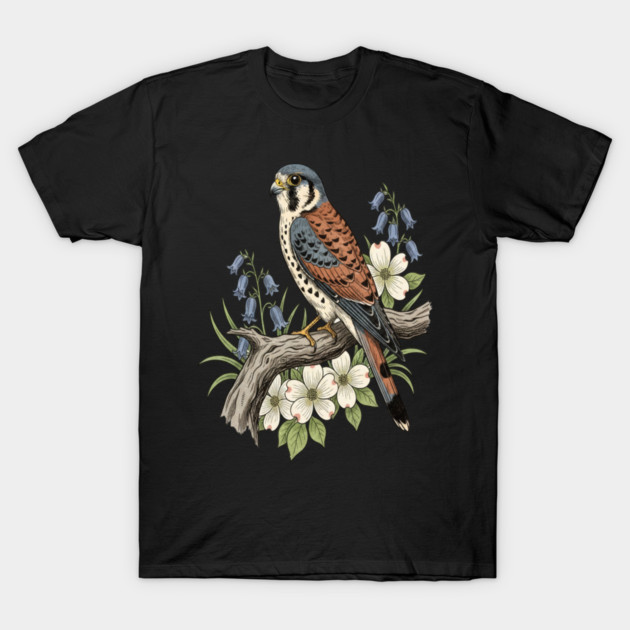 American Kestrel Bluebells Dogwood Vintage Art T-Shirt by BirdsnStuff