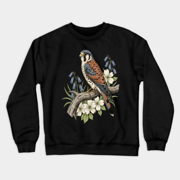 American Kestrel Bluebells Dogwood Vintage Art Crewneck Sweatshirt by BirdsnStuff