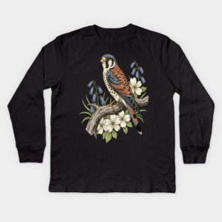 American Kestrel Bluebells Dogwood Vintage Art Kids Long Sleeve T-Shirt