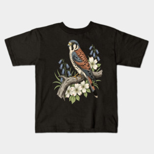 American Kestrel Bluebells Dogwood Vintage Art Kids T-Shirt