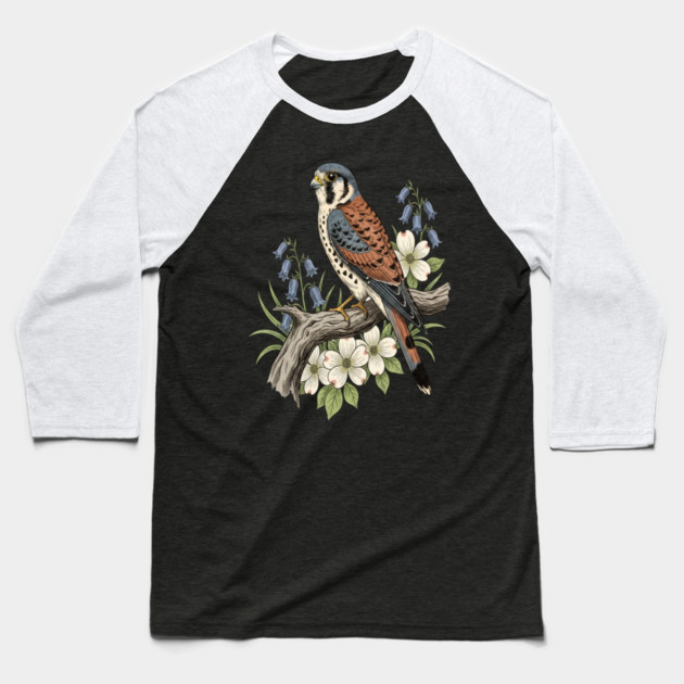 American Kestrel Bluebells Dogwood Vintage Art Baseball T-Shirt by BirdsnStuff