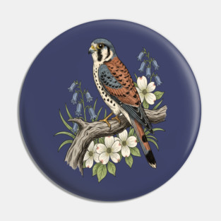 American Kestrel Bluebells Dogwood Vintage Art Pin