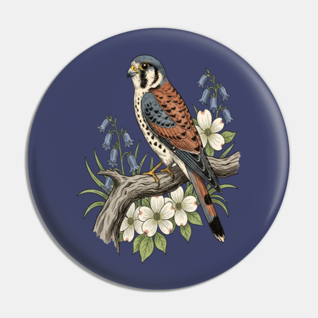 American Kestrel Bluebells Dogwood Vintage Art Pin by BirdsnStuff