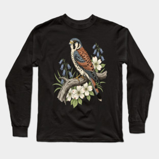 American Kestrel Bluebells Dogwood Vintage Art Long Sleeve T-Shirt