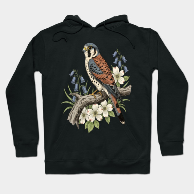 American Kestrel Bluebells Dogwood Vintage Art Hoodie by BirdsnStuff