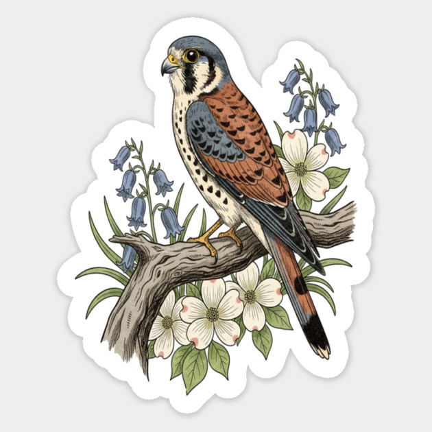 American Kestrel Bluebells Dogwood Vintage Art Magnet by BirdsnStuff