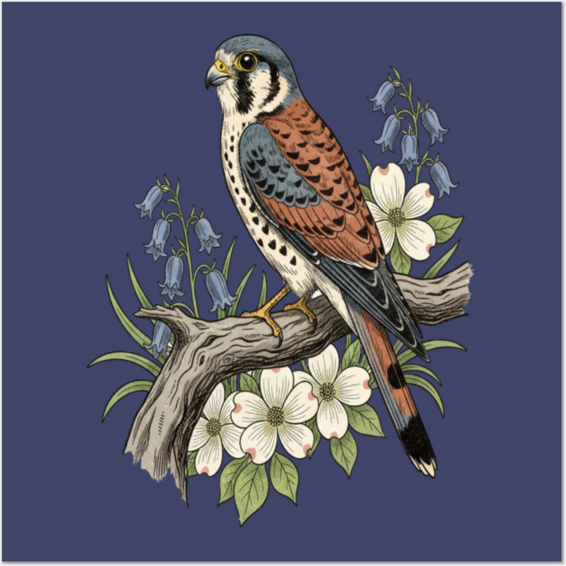American Kestrel Bluebells Dogwood Vintage Art Wall Art by BirdsnStuff