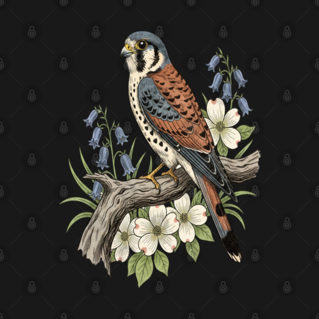 American Kestrel Bluebells Dogwood Vintage Art by BirdsnStuff