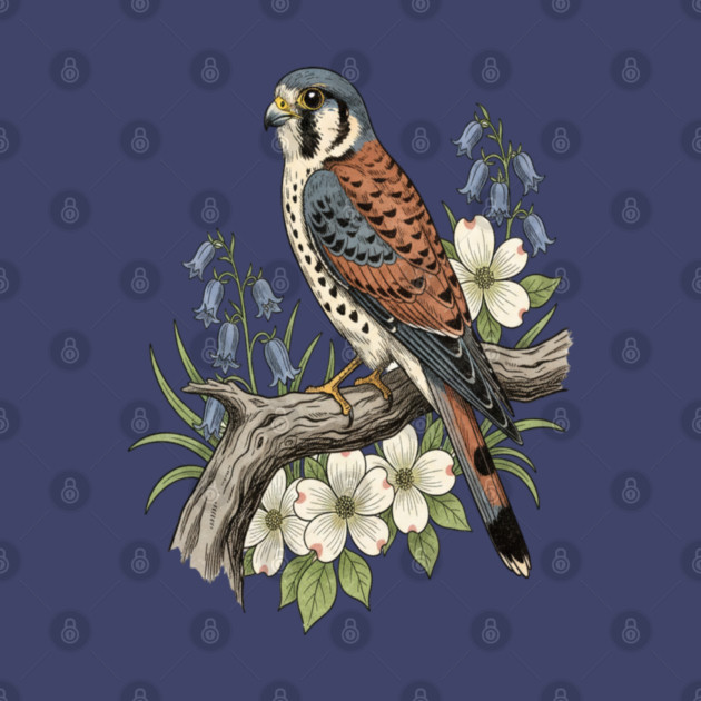 American Kestrel Bluebells Dogwood Vintage Art by BirdsnStuff