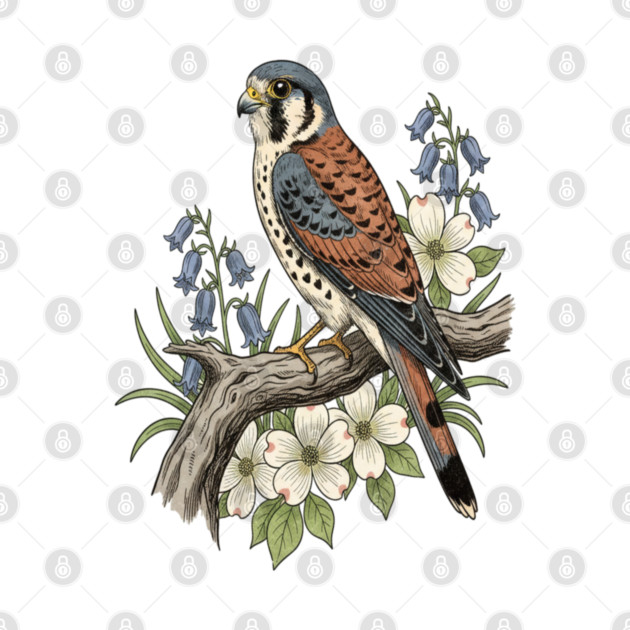 American Kestrel Bluebells Dogwood Vintage Art by BirdsnStuff