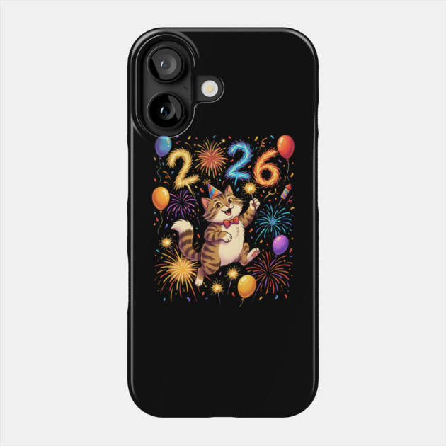 Celebratory Cat with Fireworks for New Year 2026 Phone Case by Creatifly Graphic Tees