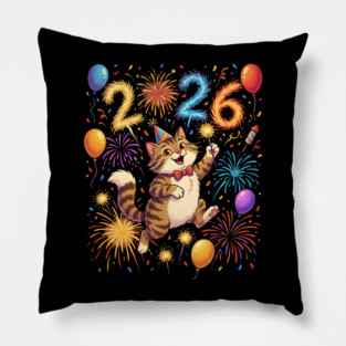 Celebratory Cat with Fireworks for New Year 2026 Pillow