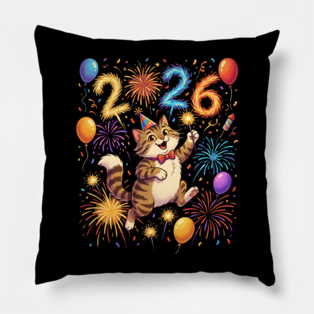 Celebratory Cat with Fireworks for New Year 2026 Pillow by Creatifly Graphic Tees