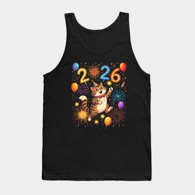 Celebratory Cat with Fireworks for New Year 2026 Tank Top by Creatifly Graphic Tees