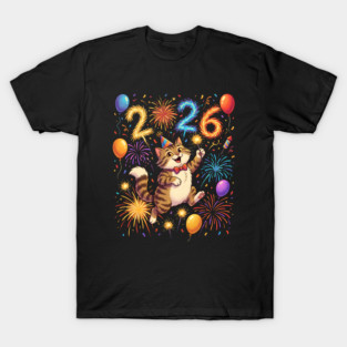 Celebratory Cat with Fireworks for New Year 2026 T-Shirt