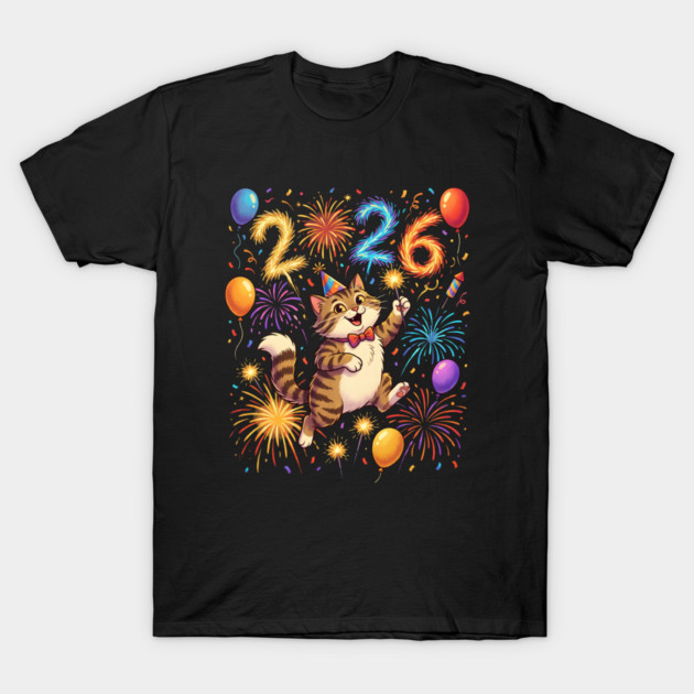 Celebratory Cat with Fireworks for New Year 2026 T-Shirt by Creatifly Graphic Tees