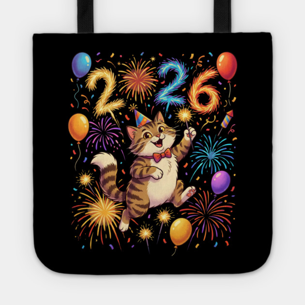 Celebratory Cat with Fireworks for New Year 2026 Tote by Creatifly Graphic Tees