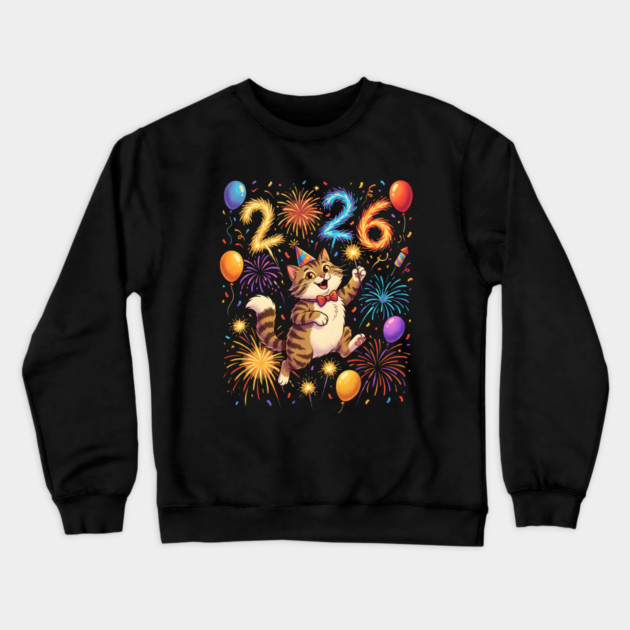 Celebratory Cat with Fireworks for New Year 2026 Crewneck Sweatshirt by Creatifly Graphic Tees
