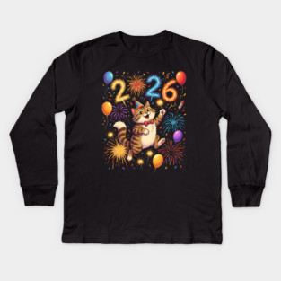 Celebratory Cat with Fireworks for New Year 2026 Kids Long Sleeve T-Shirt
