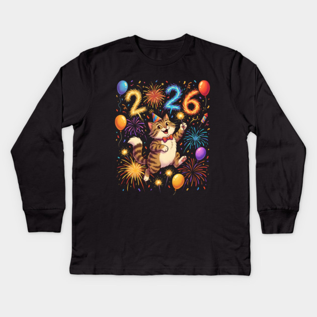 Celebratory Cat with Fireworks for New Year 2026 Kids Long Sleeve T-Shirt by Creatifly Graphic Tees