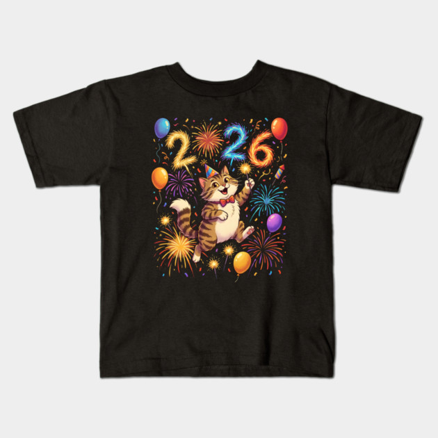 Celebratory Cat with Fireworks for New Year 2026 Kids T-Shirt by Creatifly Graphic Tees