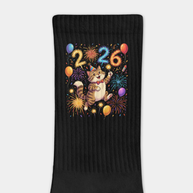 Celebratory Cat with Fireworks for New Year 2026 by Creatifly Graphic Tees