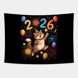 Celebratory Cat with Fireworks for New Year 2026 Tapestry
