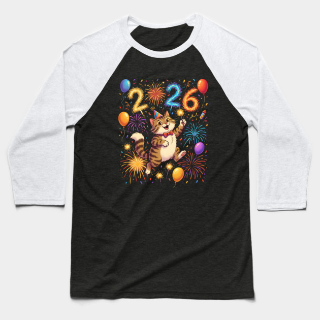 Celebratory Cat with Fireworks for New Year 2026 Baseball T-Shirt by Creatifly Graphic Tees