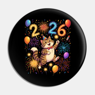 Celebratory Cat with Fireworks for New Year 2026 Pin