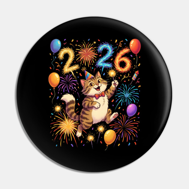 Celebratory Cat with Fireworks for New Year 2026 Pin by Creatifly Graphic Tees